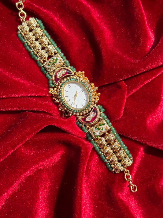 Round Dial Green Beaded Kundan Gold Plated Heritage Maharani Watch ( Partial COD 200₹ )