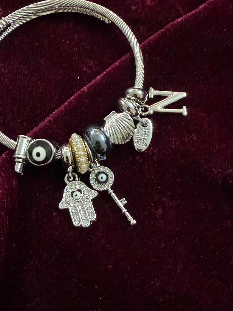 Pandora Style Evil Eye Charms Bracelet With Customised Initial (Silver)