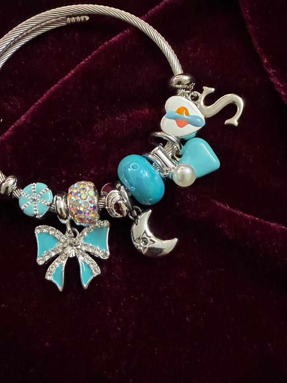 Pandora Style Blue Charms Bracelet With Customised Initial (Silver)
