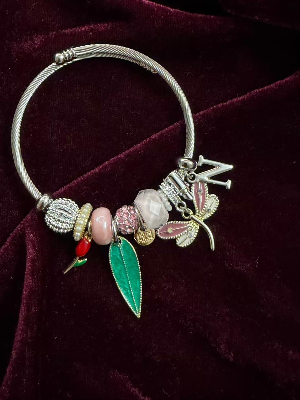 Pandora Style Dragonfly & Leaf Charms Bracelet With Customised Initial (Silver)