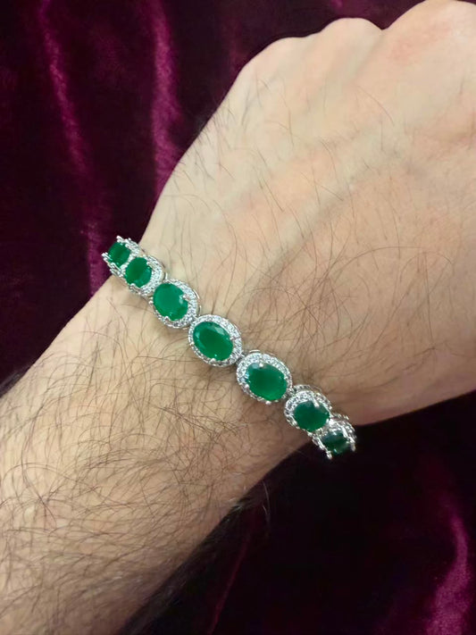 Men's Green Oval Halo Tennis Rakhi Bracelet