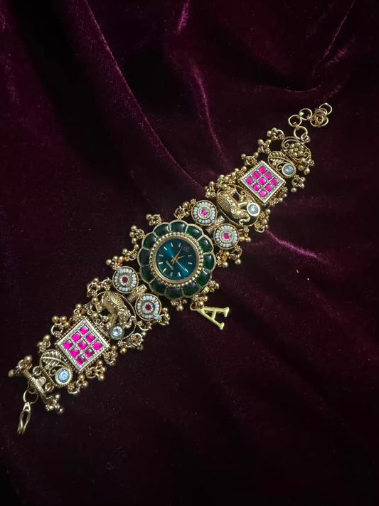 Maharaja Emerald Round Dial Designer Watch Rakhi in Premium Swarovski (Free Initial)