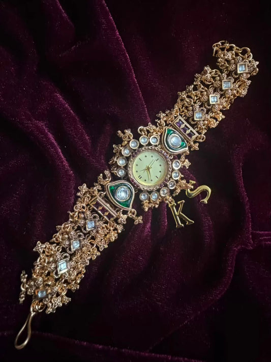 Royal Kundan Round Dial Watch Rakhi in Premium Swarovski (Free Initial)