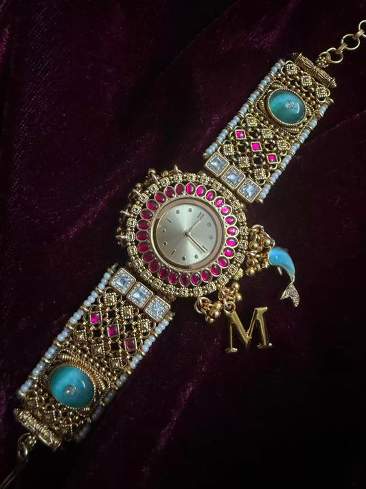Turquoise Kundan Maharani Heritage Watch Rakhi in Premium Swarovski (Free Initial)