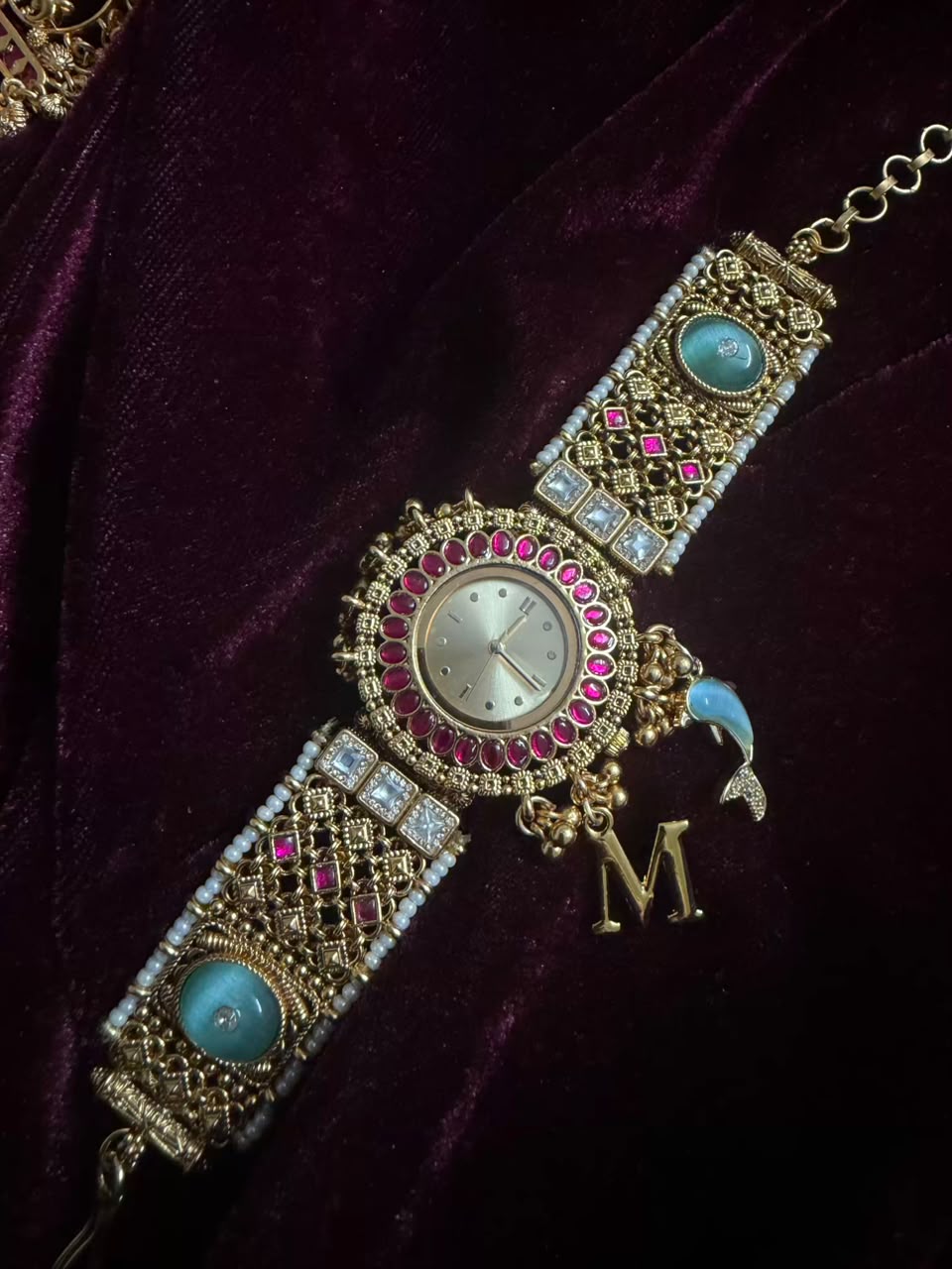 Turquoise Kundan Maharani Heritage Watch Rakhi in Premium Swarovski (Free Initial)