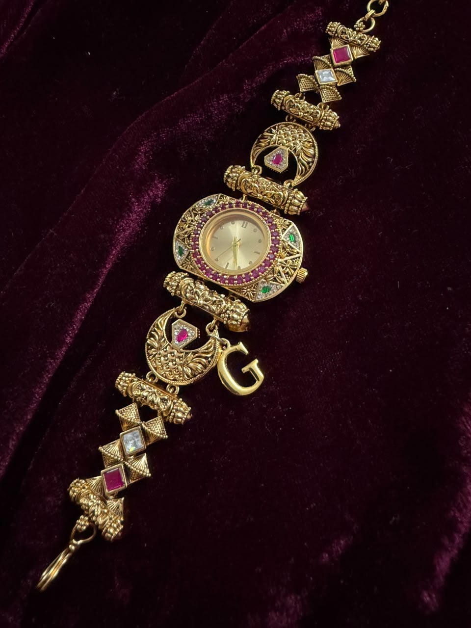 Ruby Geometric Maharani Heritage Watch Rakhi in Premium Swarovski (Free Initial)