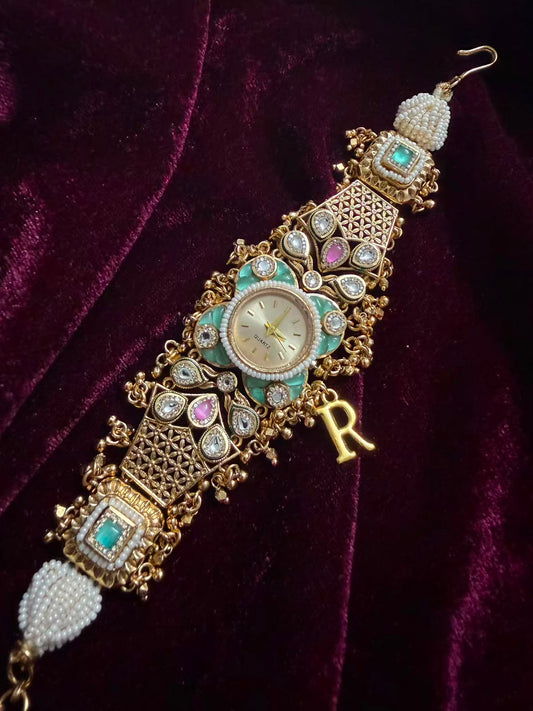Pearl Panna Heritage Watch Rakhi in Premium Swarovski (Free Initial)