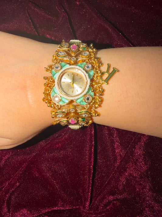 Pearl Panna Heritage Watch Rakhi in Premium Swarovski (Free Initial)