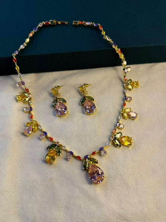 Multicoloured Floral Rhodium Plated Necklace Set with Earrings
