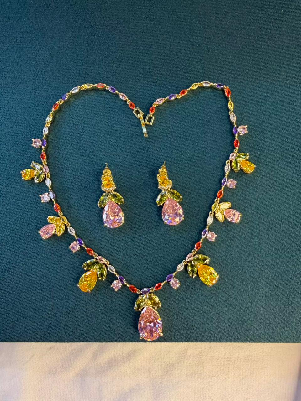 Multicoloured Floral Rhodium Plated Necklace Set with Earrings