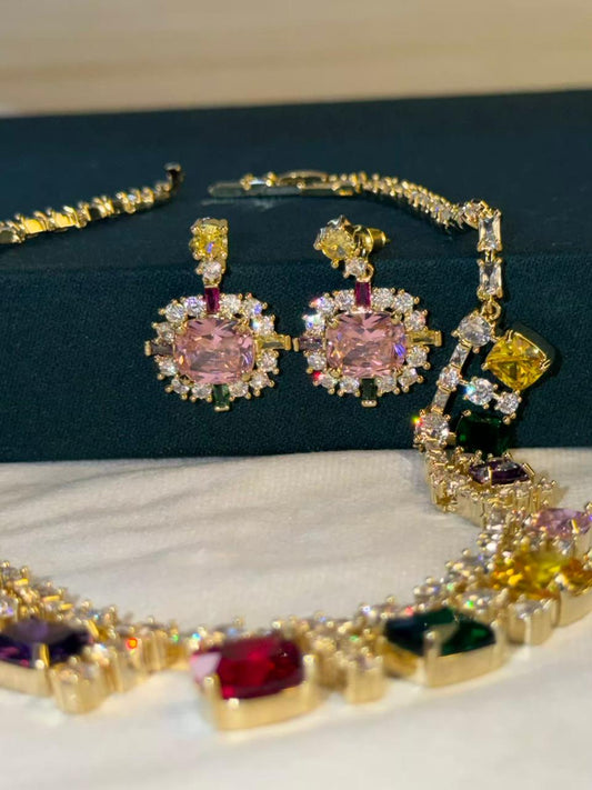 Multicoloured Stone Rhodium Plated Necklace Set with Earrings