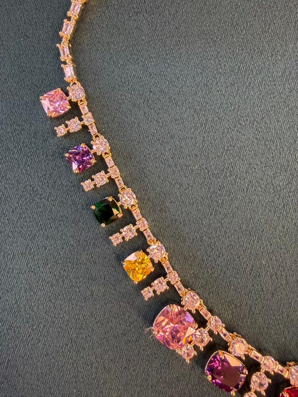 Multicoloured Stone Rhodium Plated Necklace Set with Earrings