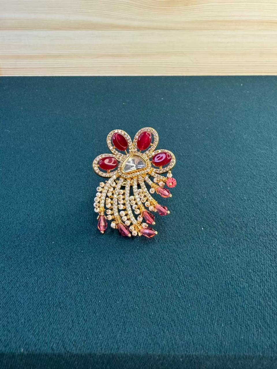 Red and White Stone Pearl Hanging Gold Plated Ring Size Adjustable