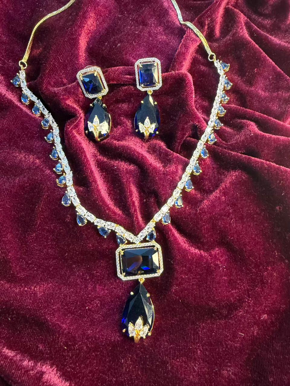 Square and Teardrop Design Gold-Plated Necklace Set with Navy Blue Stones