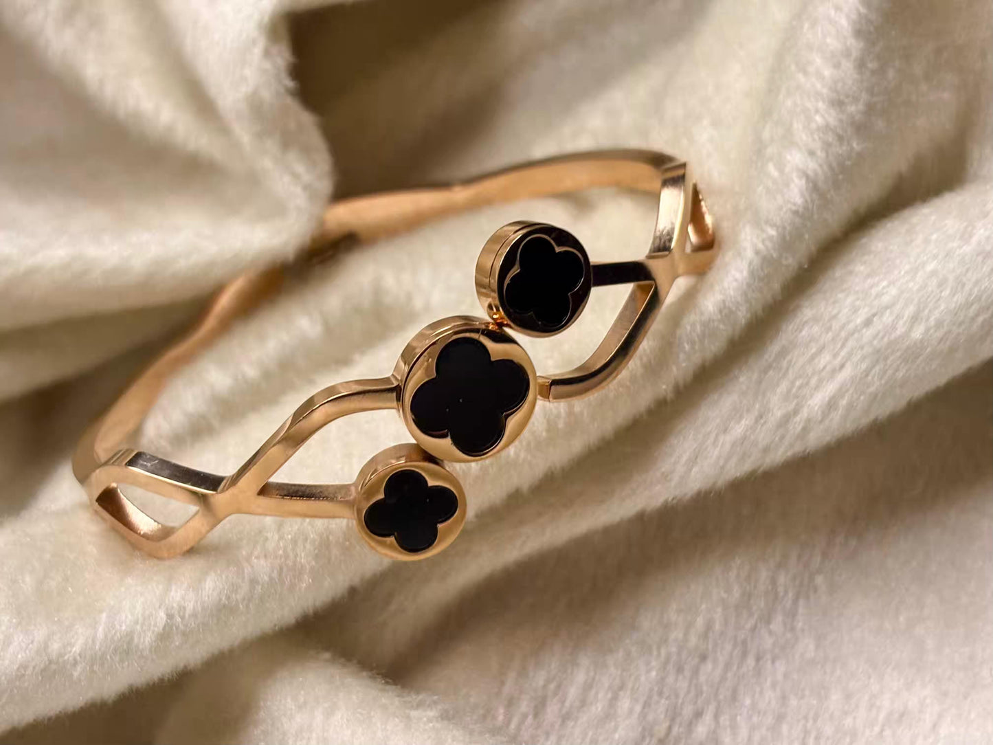 For Thin Wrist Triple Black Clover 18K Gold plated Premium Bangle 2.2 - 2.4 Size