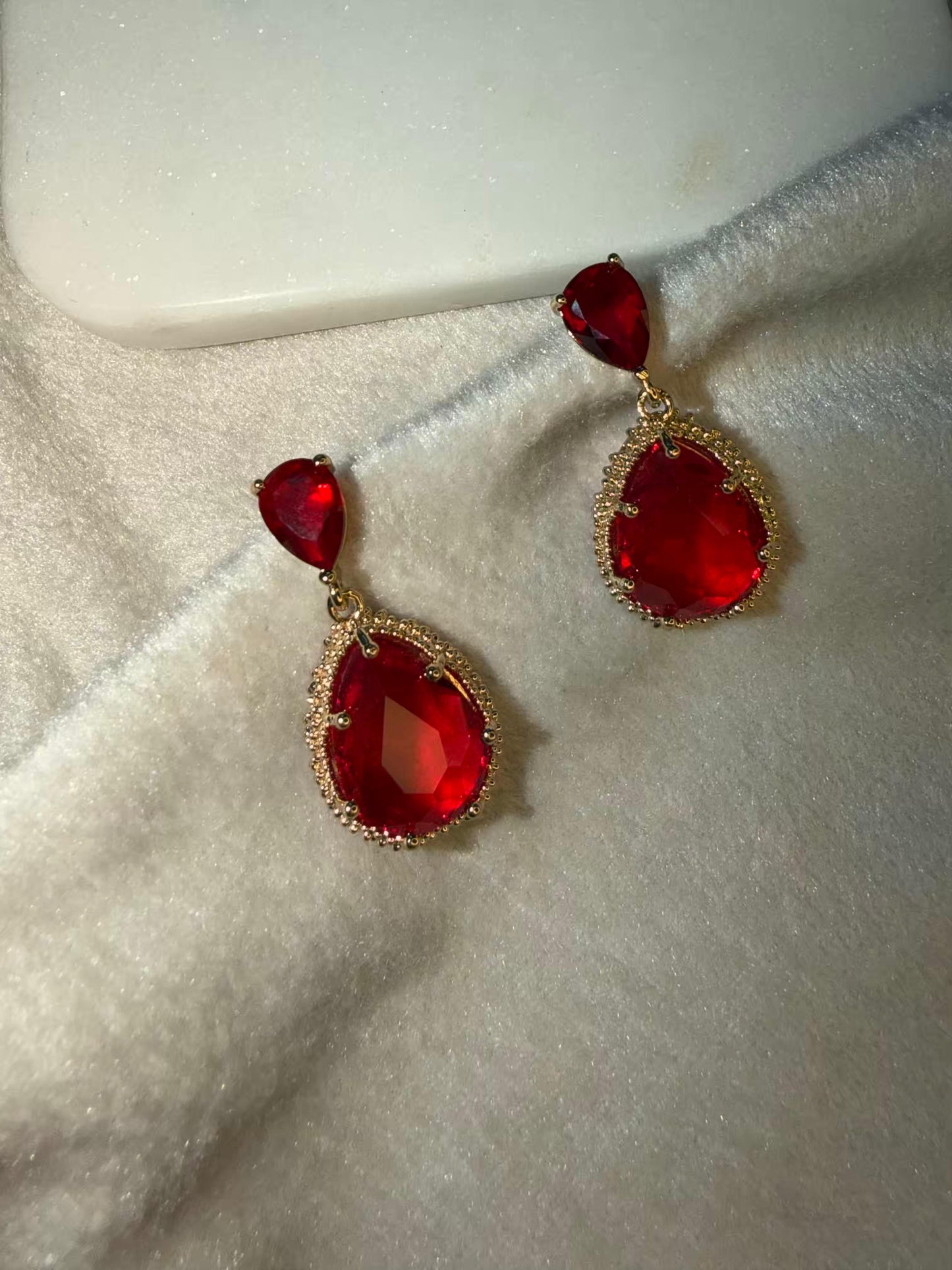 Red Drop Stud Gold Plated Earrings