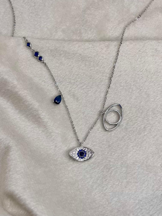 Blue Dual Evil Eye Necklace Silver Plated Premium Necklace