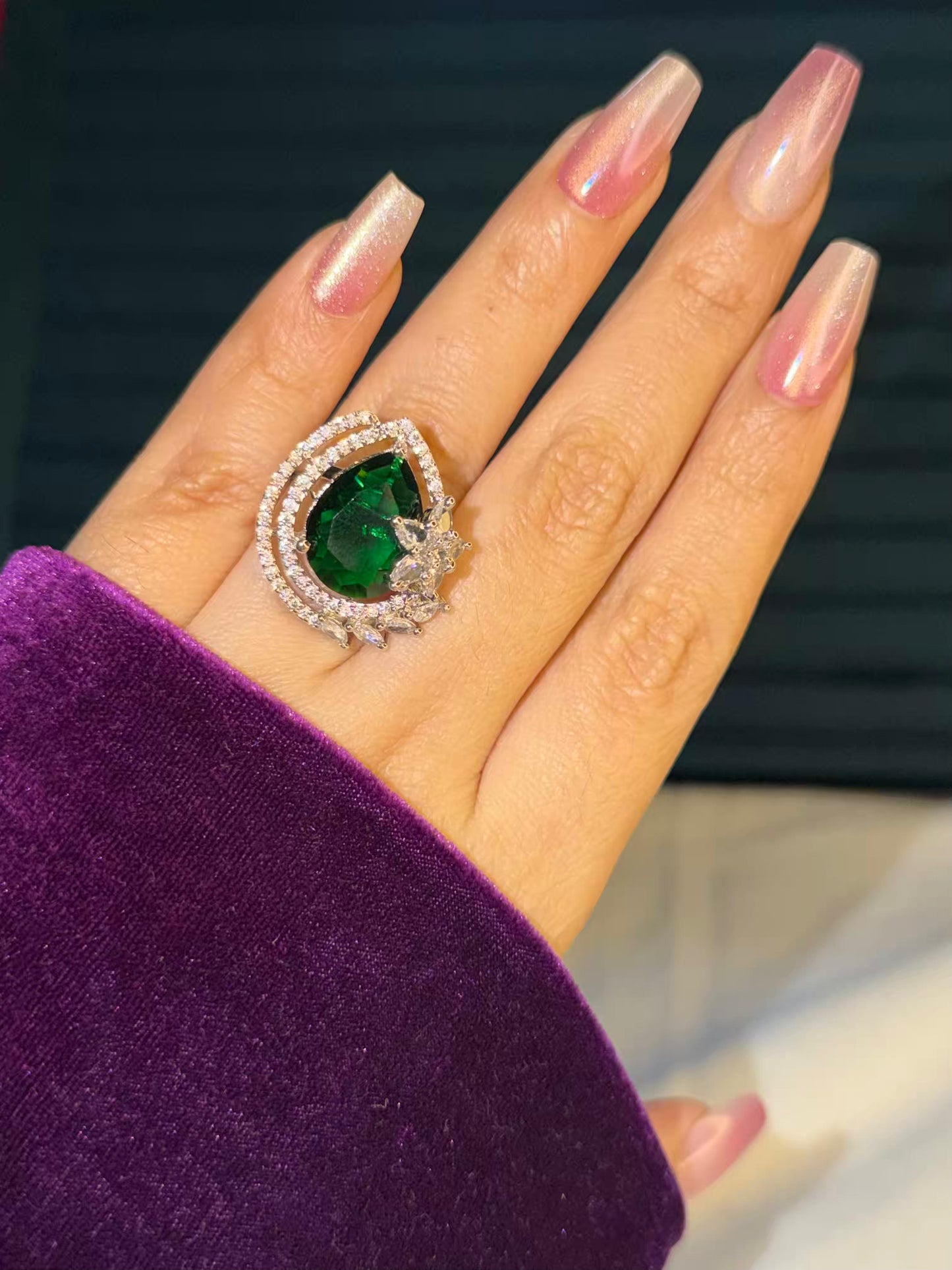 Emerald Green Royale Aura Silver Plated Premium Ring (Adjustable)