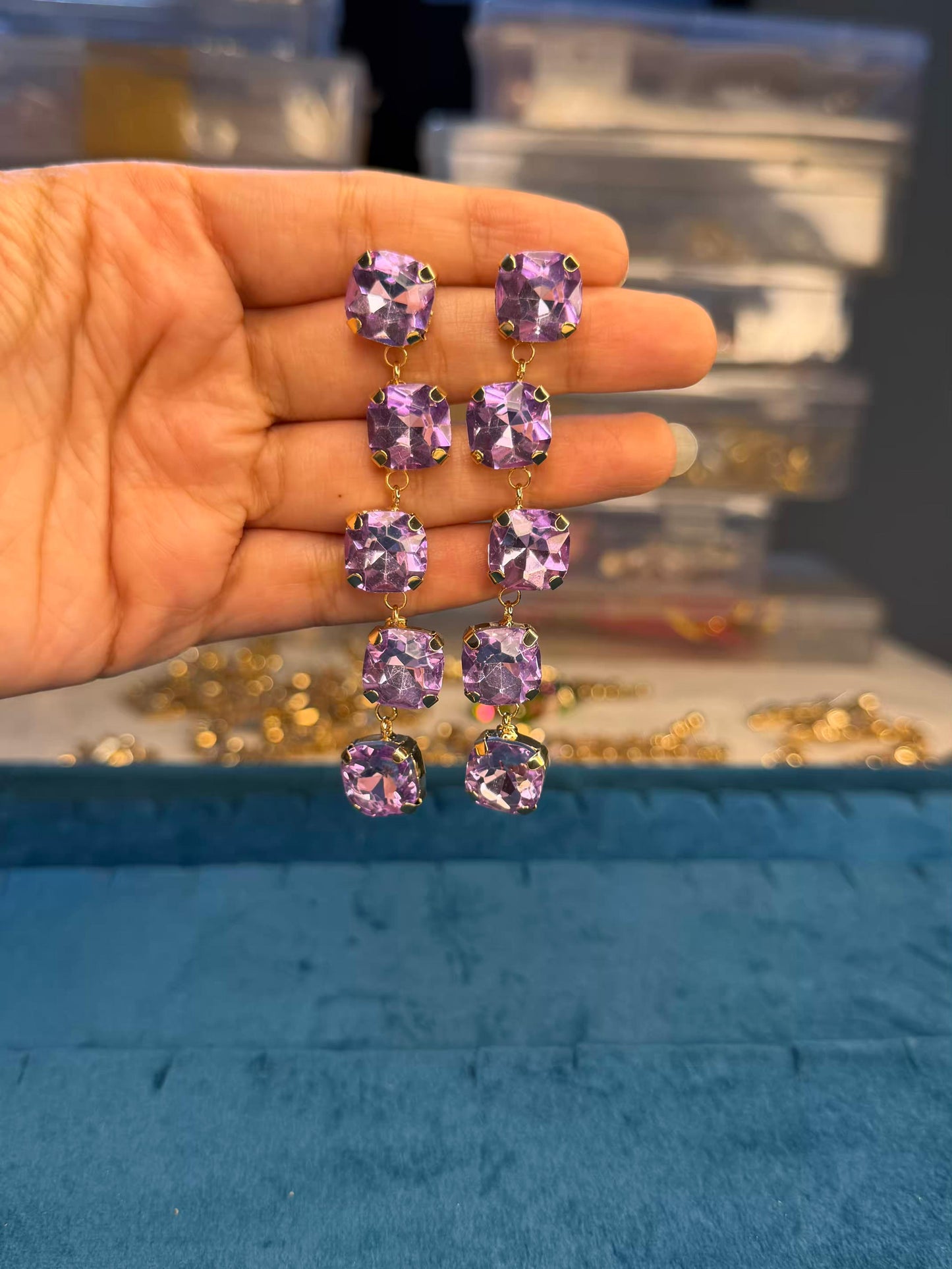 Purple Long Gold Plated Earrings