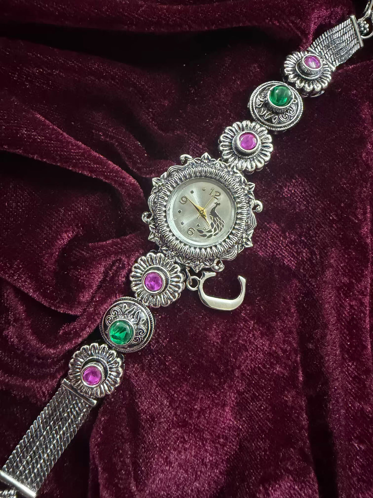 Noor-E-Gul Silver-Tone Navratri Oxidised Heritage Watch