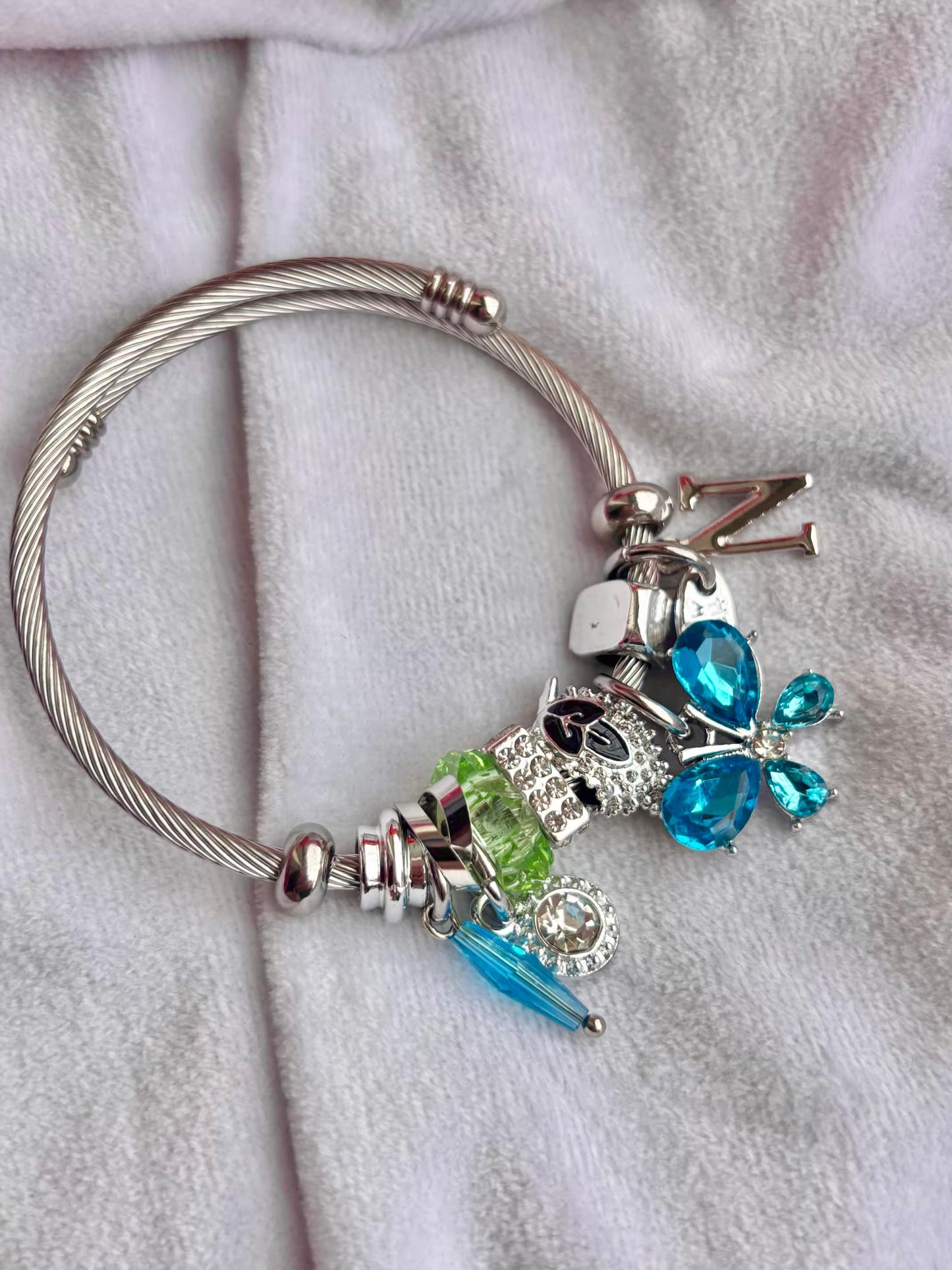Pandora Charms Blue Bracelet With Customised Initial ( Silver )