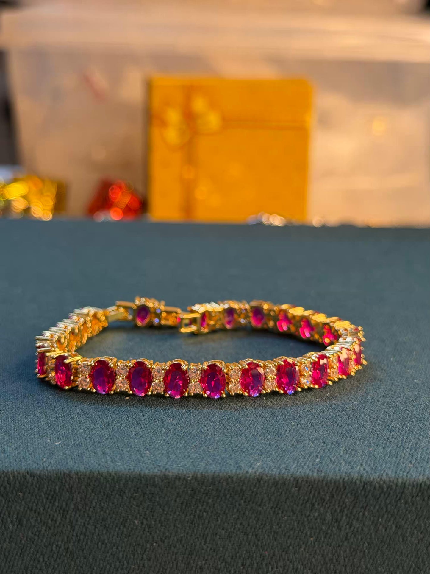 Ruby Pink Oval Gold Plated Tennis Bracelet