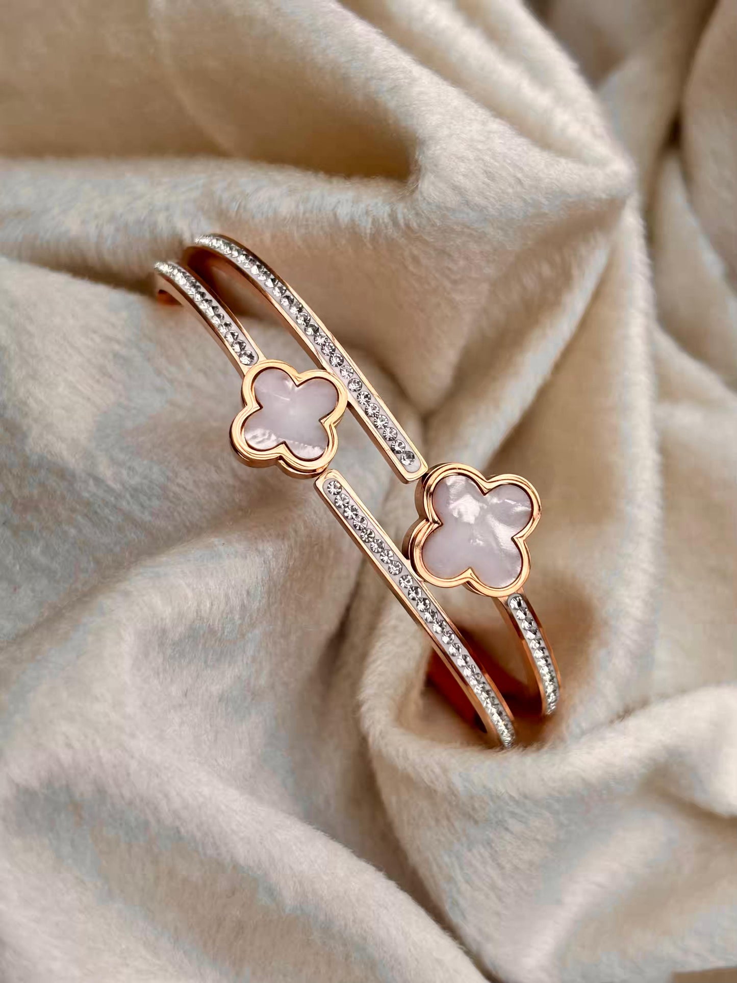 For Thin Wrist Double Clover Bangle 18K Gold plated Premium Bangle 2.2 - 2.4 Size