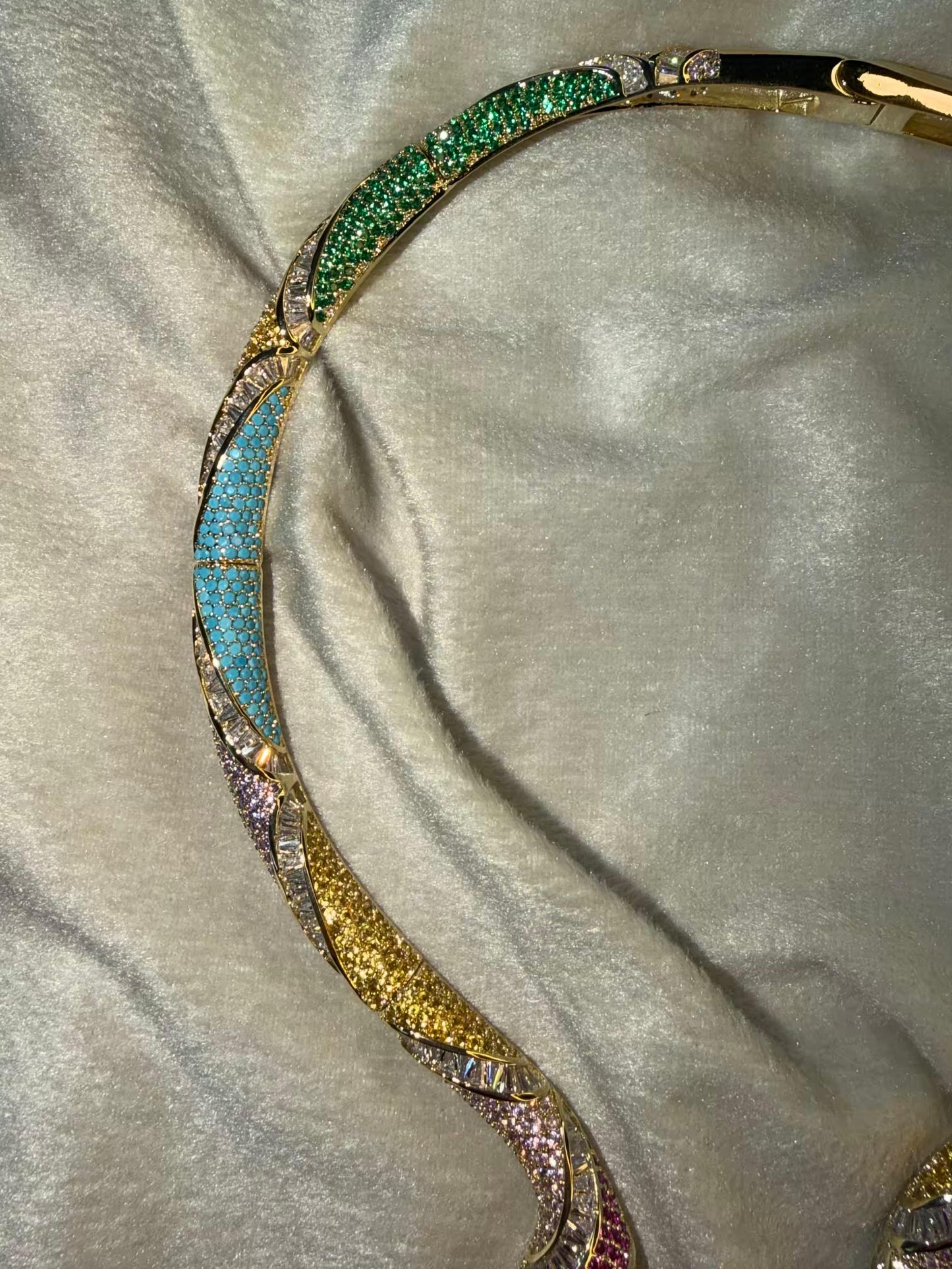 Serpentine Multicoloured Necklace, Bracelet, Earrings and Ring Full set Premium Gold Rhodium