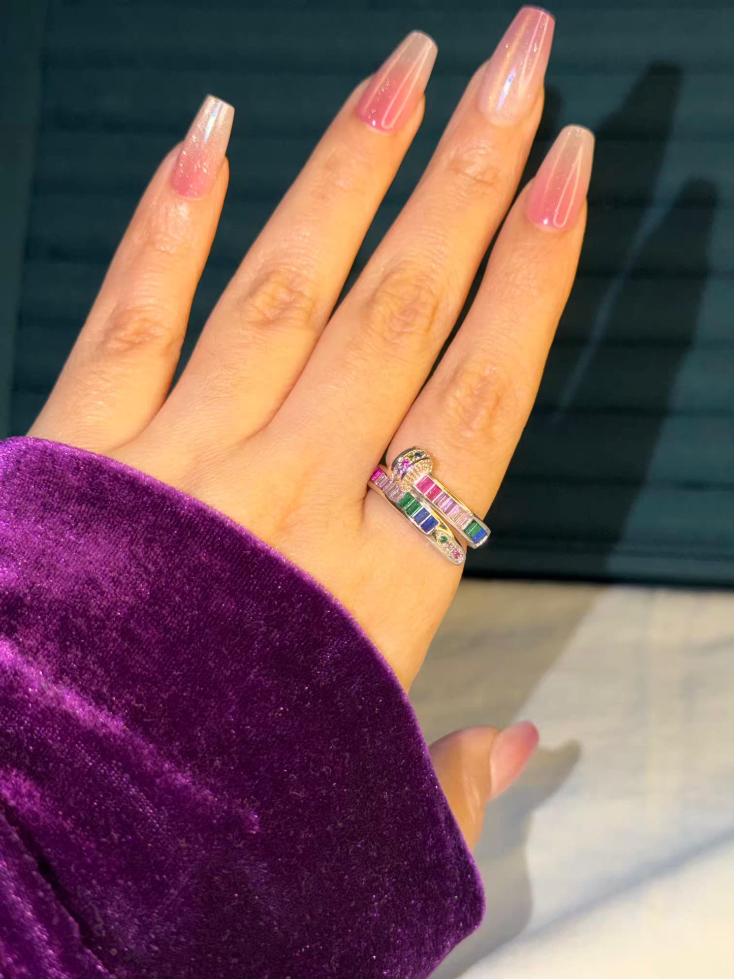 Aurora Dotline Multicolour Silver Plated Premium Ring (Adjustable)