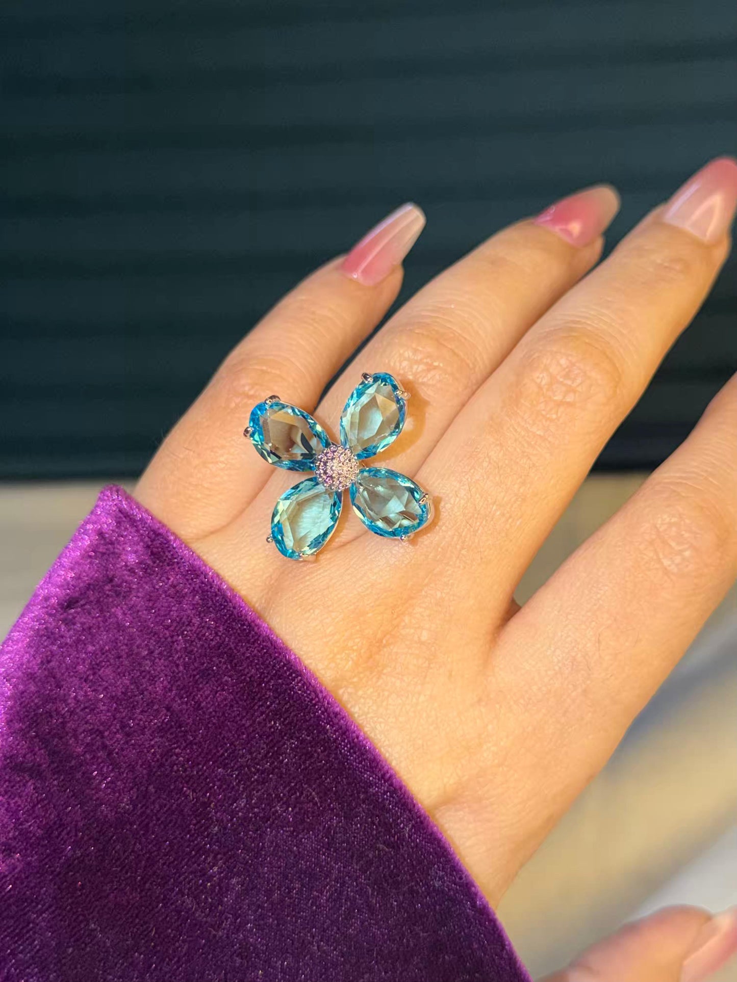 Light Blue Floral Silver Plated Premium Ring (Adjustable)
