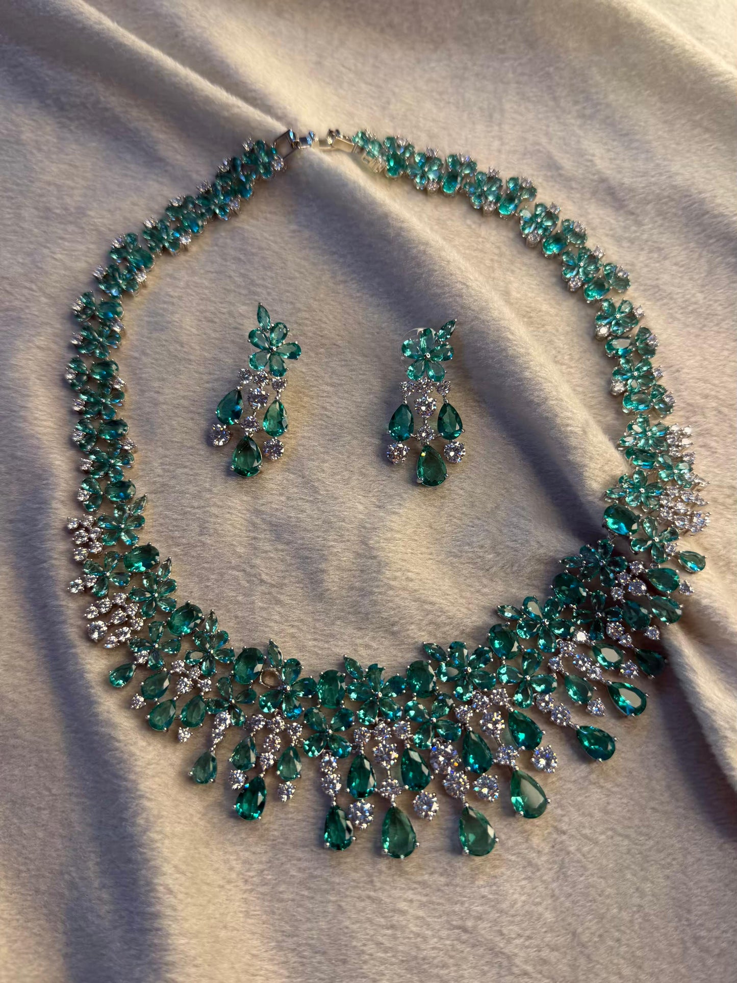 Turquoise Princess Cocktail Party Necklace Set with Earrings - Rhodium Silver Plated