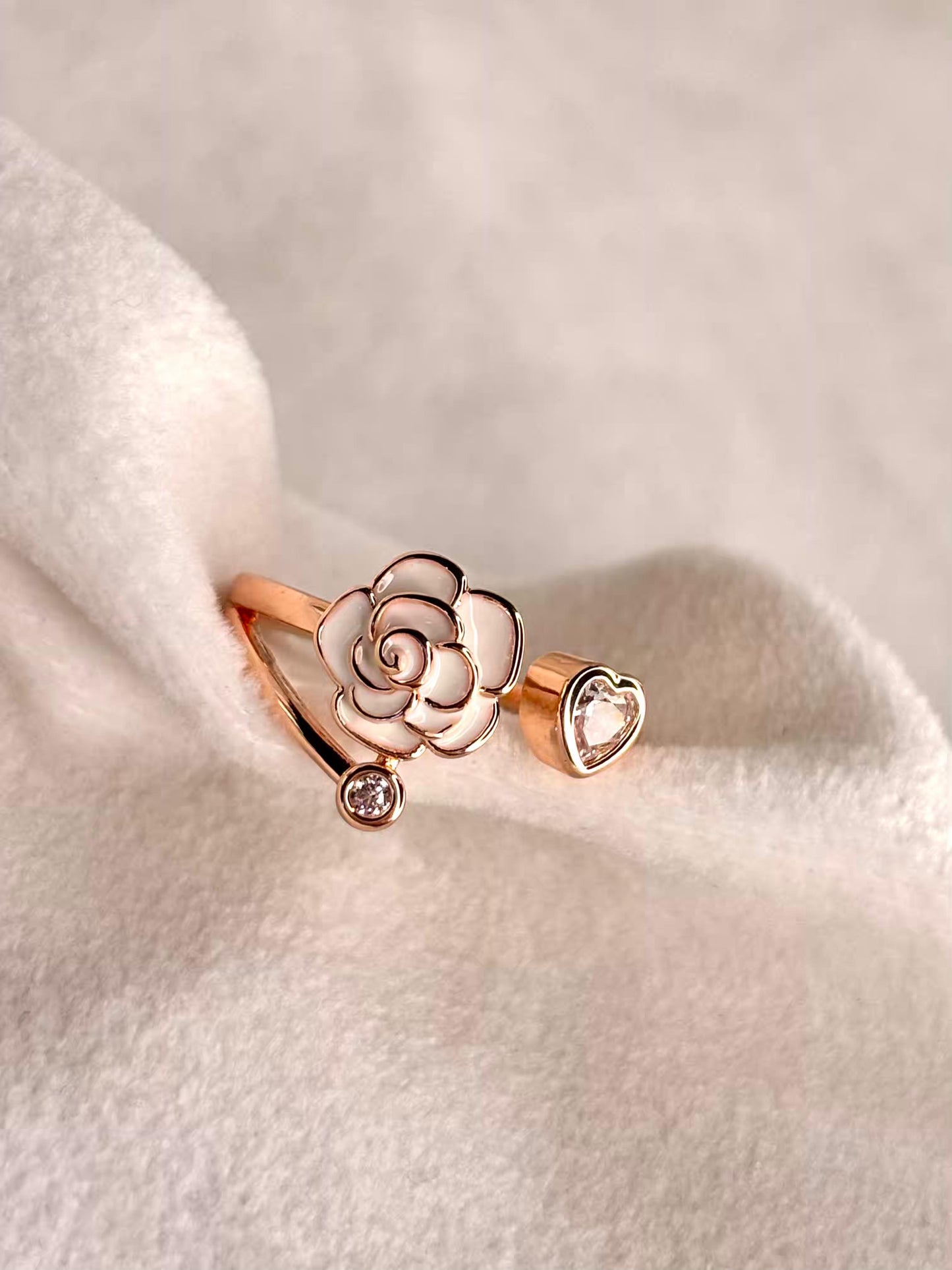 White Rose Triad Rose Gold Adjustable Ring