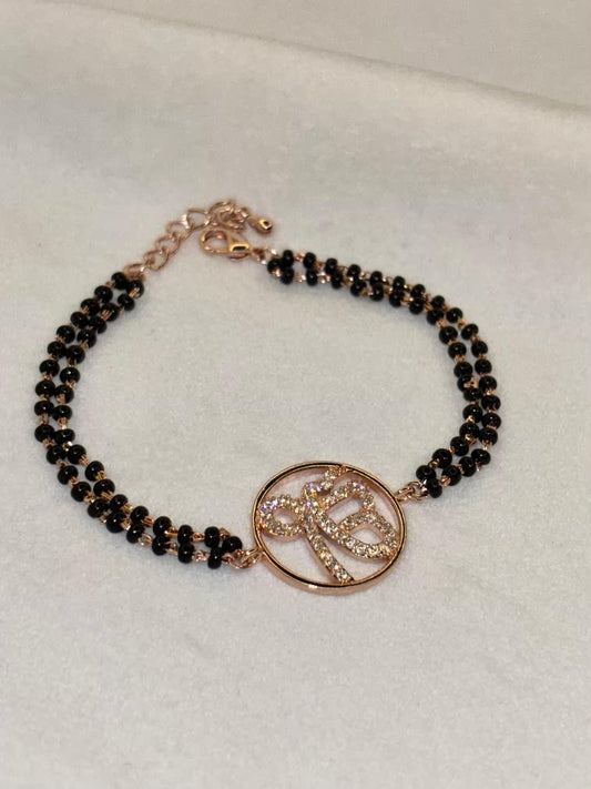 Ik Onkar Ek Onkar Punjabi Khanda Rose Gold Black Beaded Bracelet Mangalsutra / Nazariya Bracelet ( Rose Gold Plated)