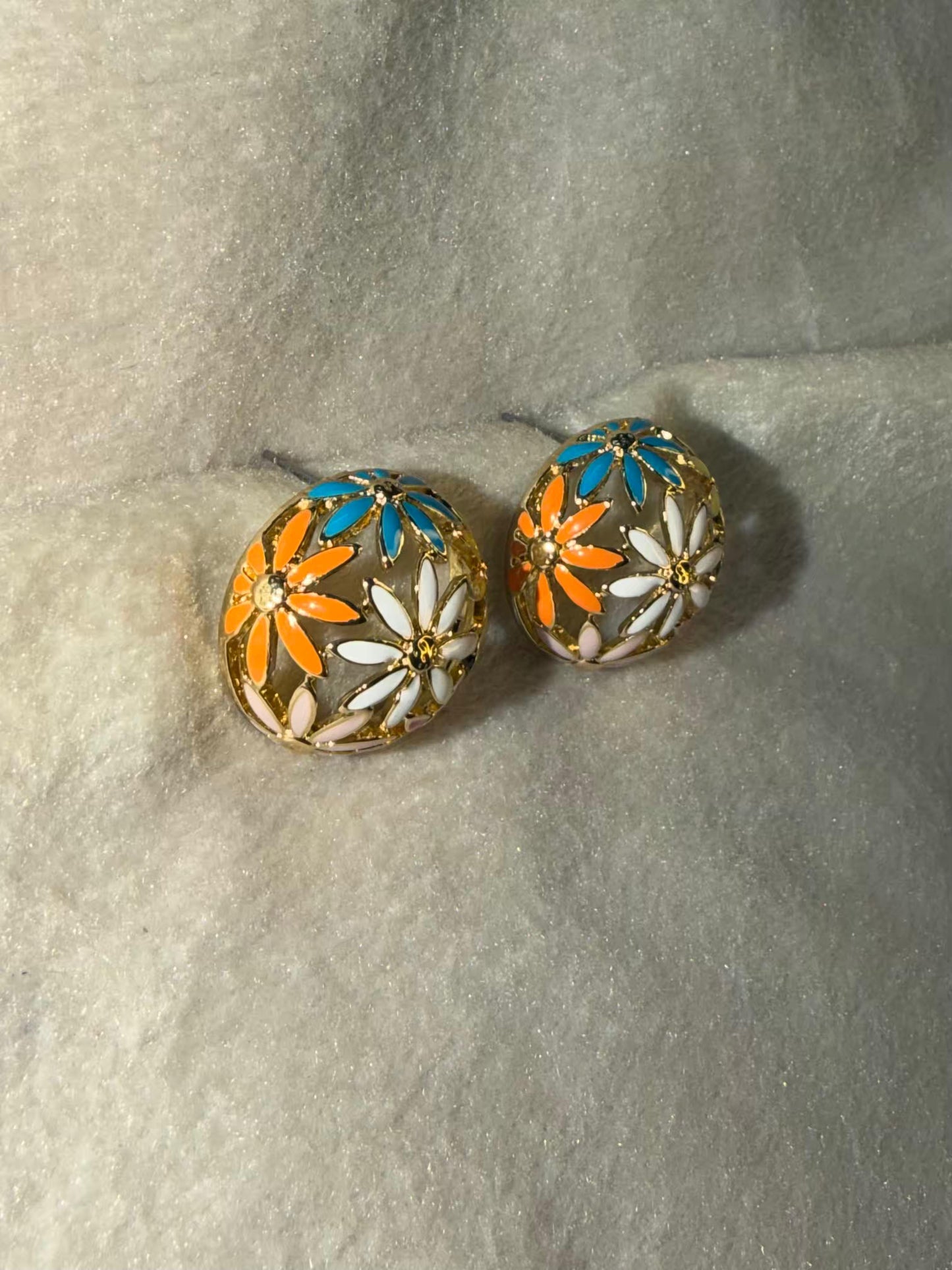 Multicolour Enamel Floral Dome Stud Gold Plated Earrings