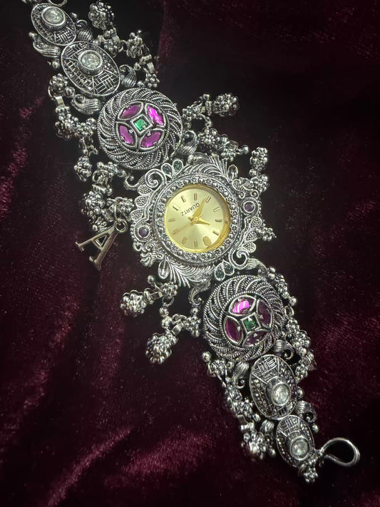 Maharani Inspired Ethnic Silver-Tone Navratri Oxidised Heritage Watch