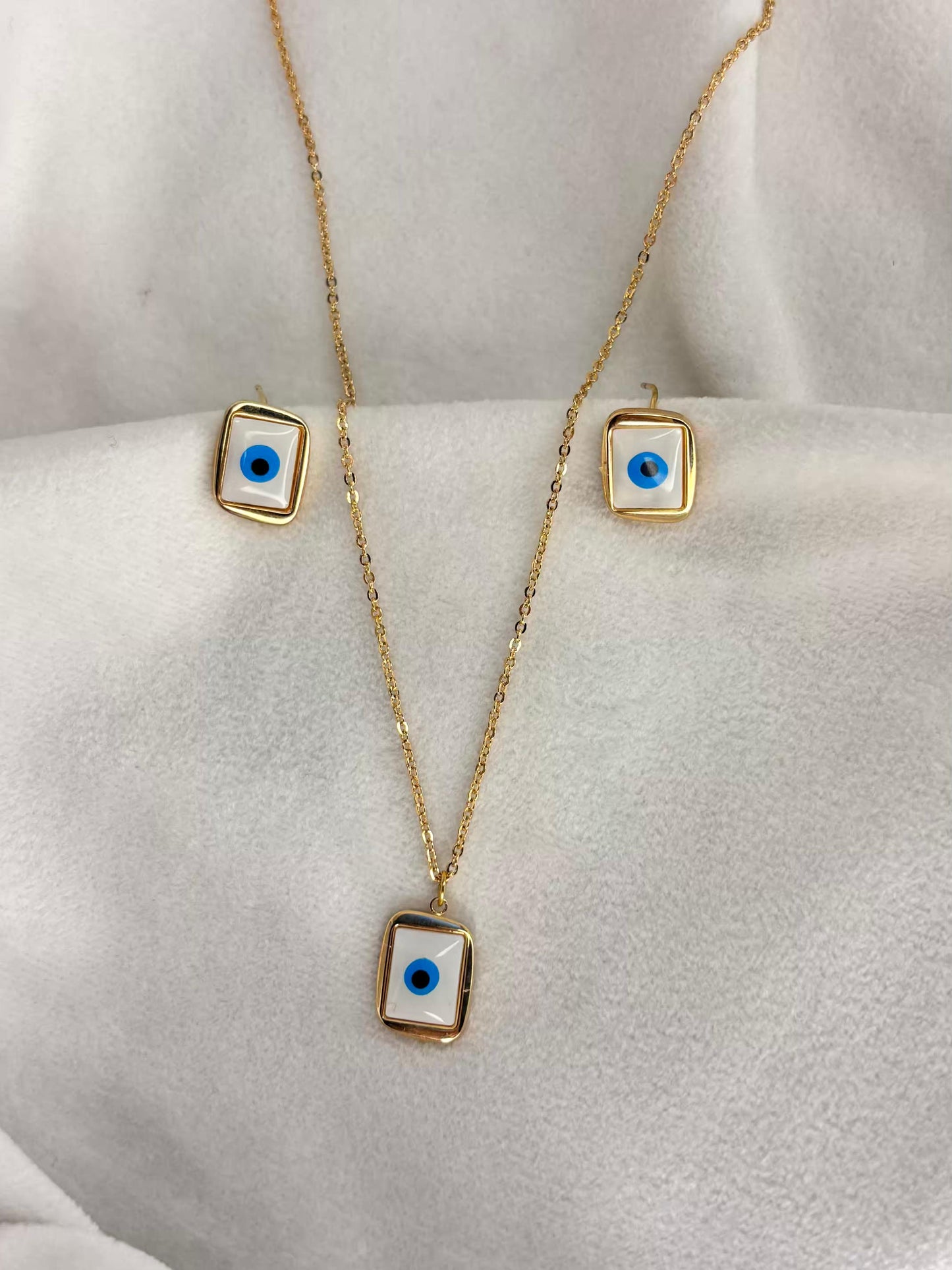 Square Minimal Evil Eye Necklace And Studds 18K Gold Plated Premium Necklace