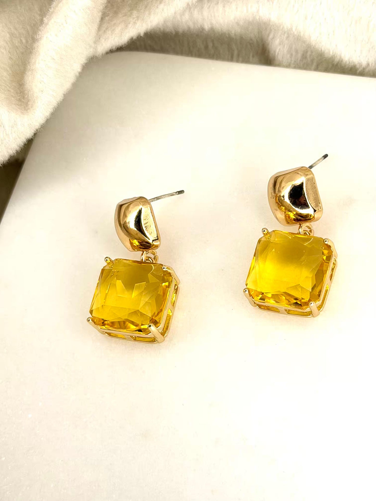 Yellow Stone Stud Gold Plated Earrings