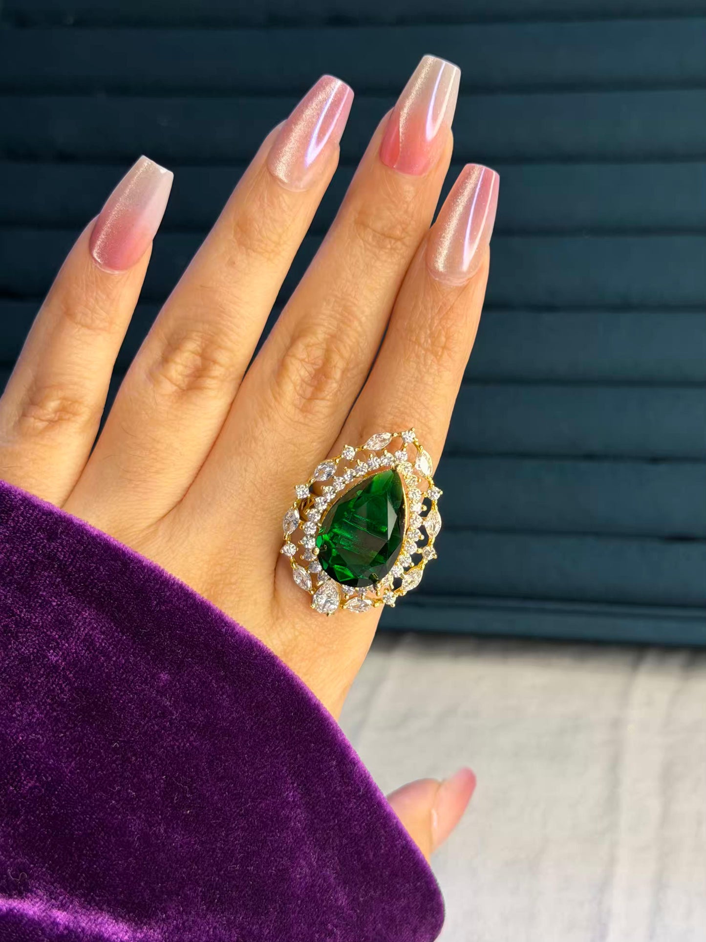 Emerald Green Stone Diamond Edge Gold Plated Premium Ring (Adjustable)