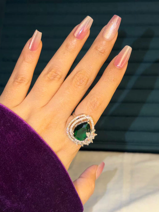 Emerald Green Royale Aura Silver Plated Premium Ring (Adjustable)