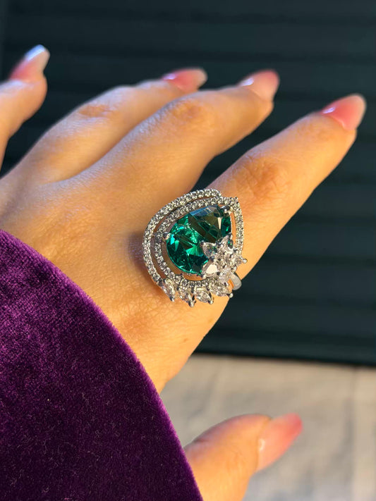 Emerald Seraphine Crest Silver Plated Premium Ring (Adjustable)