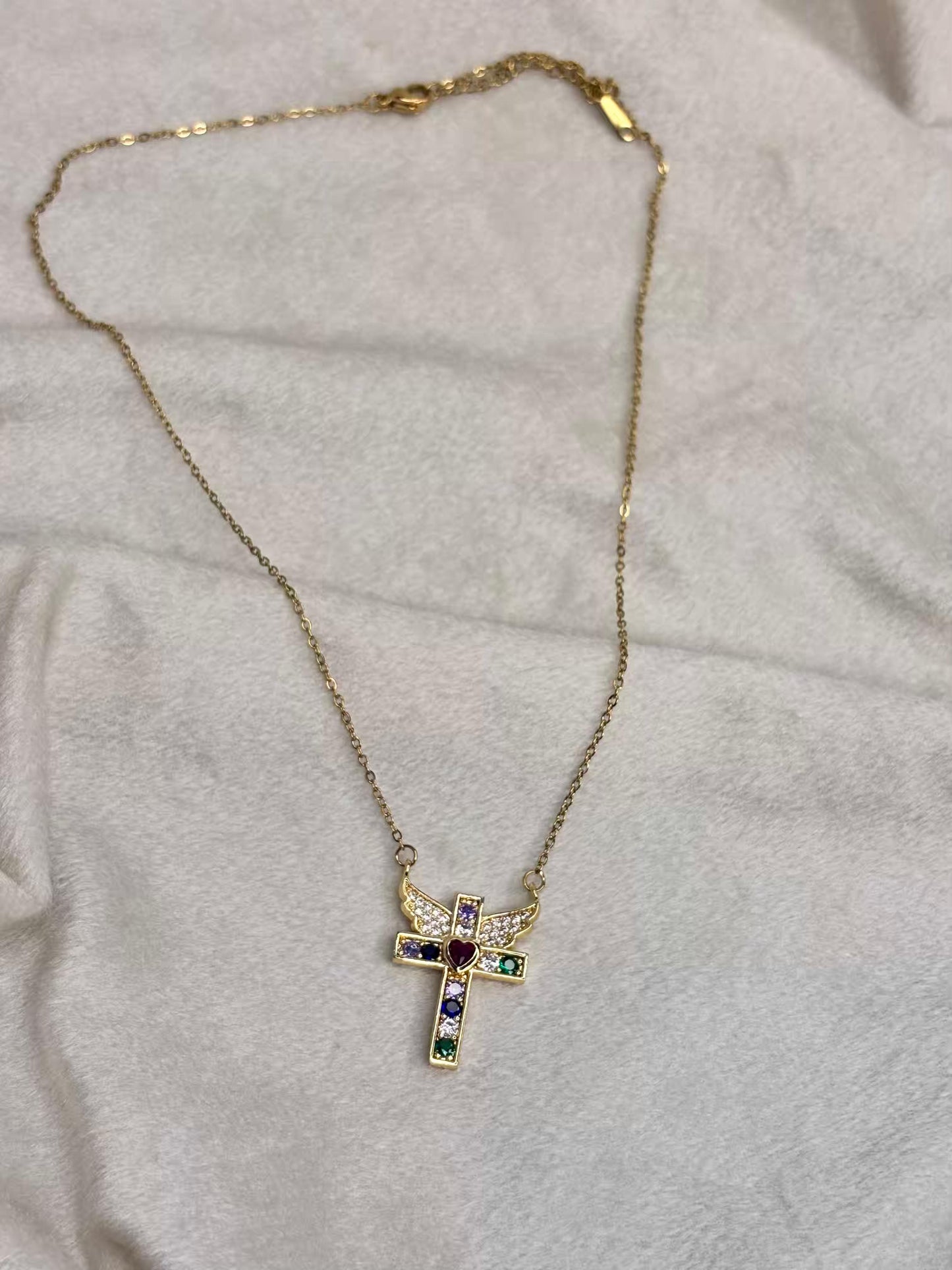 Golden Cross Gemstone Necklace 18K Gold Plated Premium Necklace