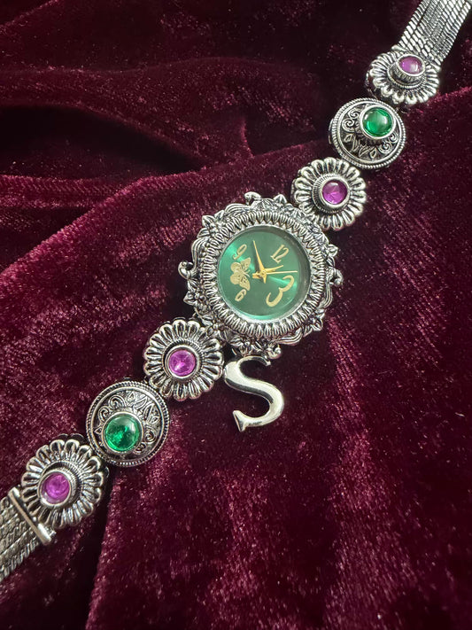 Regal Emerald Shringar Silver-Tone Navratri Oxidised Heritage Watch