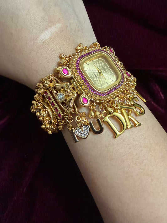 Ruby Pink Stone Gold Square Dial I Love You Charm Maharani Watch Bracelet