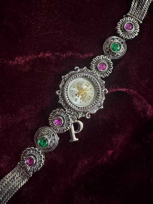 Royal Rajwada Inspired Silver-Tone Navratri Oxidised Heritage Watch