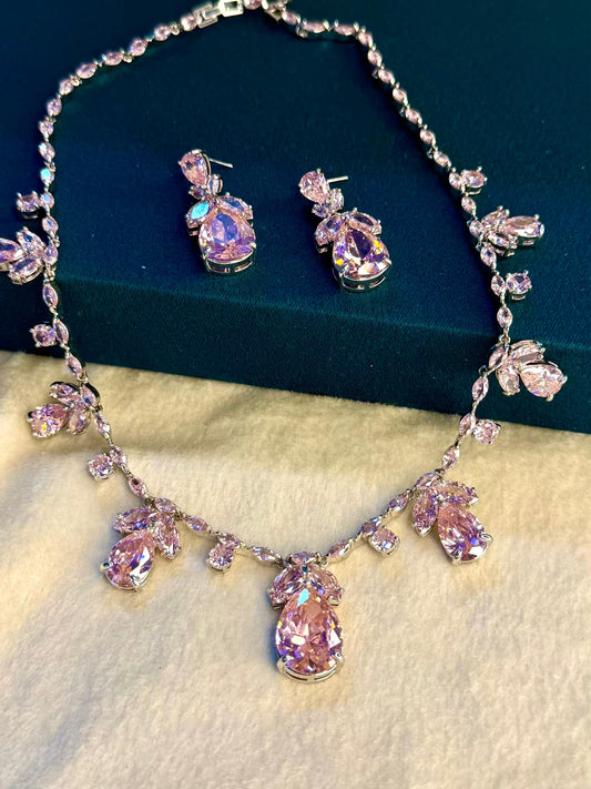 Pink Floral Rhodium Plated Necklace Set with Earrings