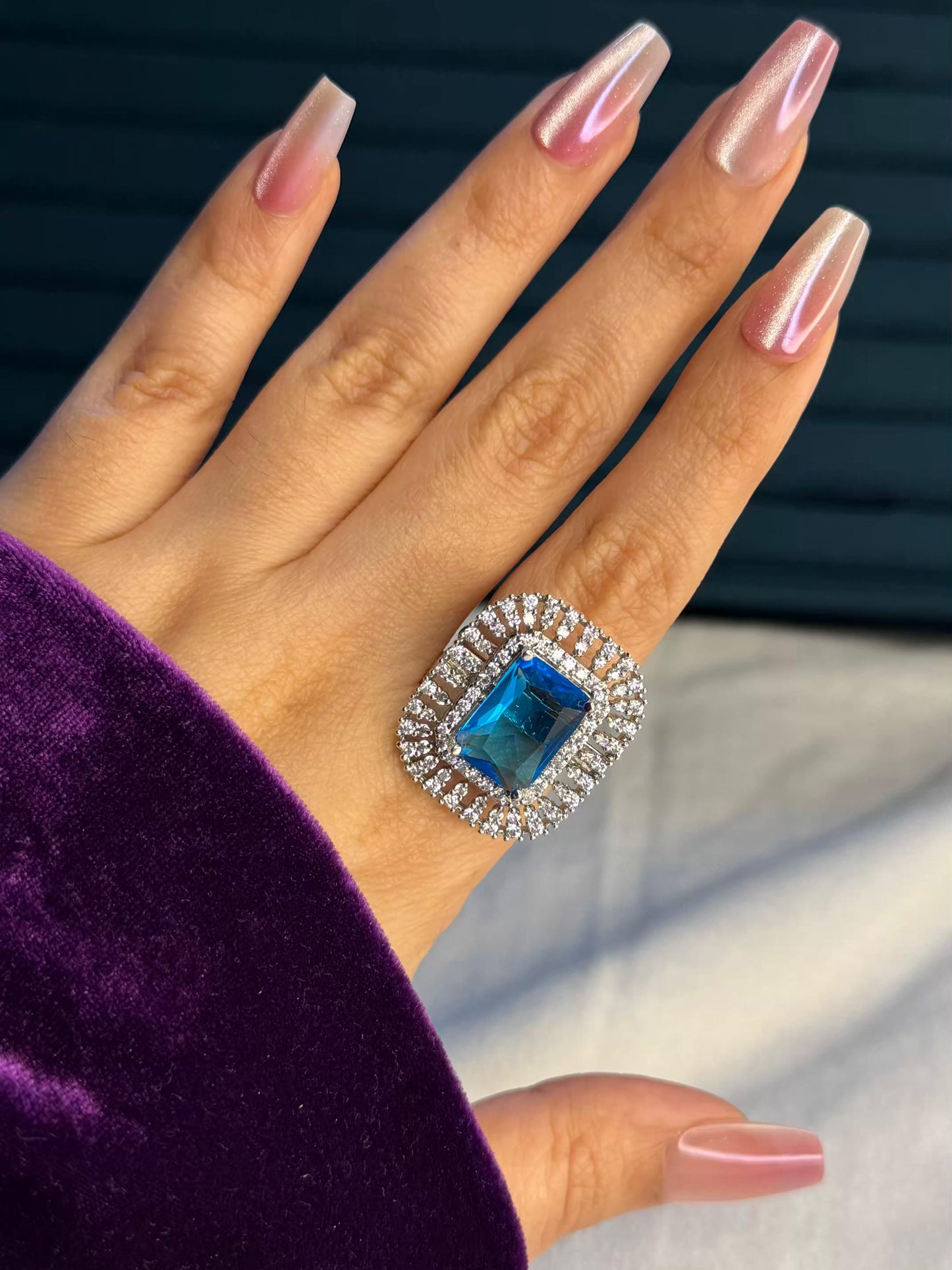 Celeste Blue Sovereign Silver Plated Premium Ring (Adjustable)