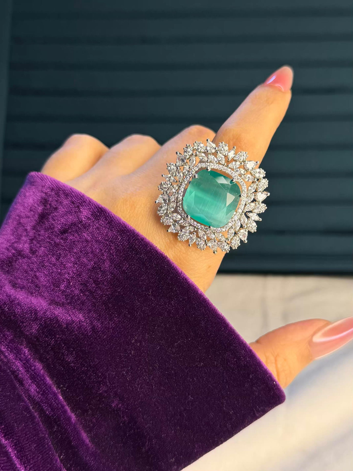 Emerald Auror Silver Plated Premium Ring (Adjustable)