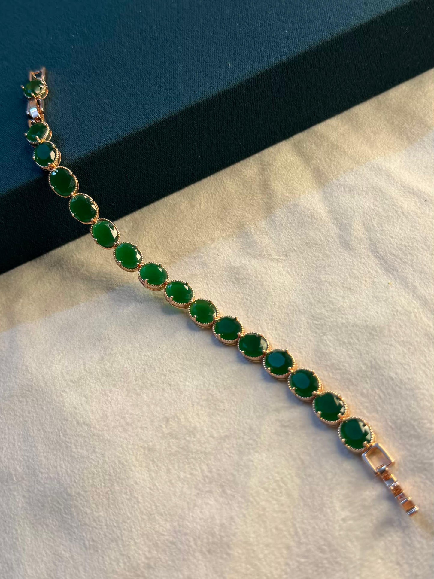 Emerald Green Oval Gold Plated Tennis Bracelet