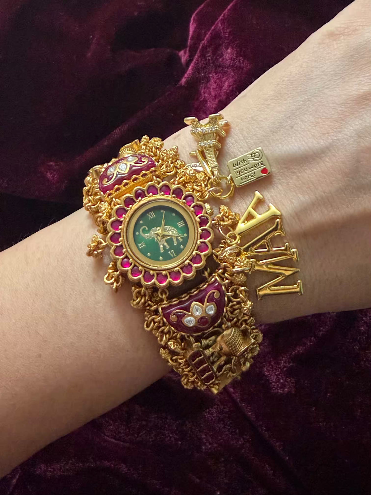 Wish You Were Here MAA Emerald Green Round Dial Ruby Pink Stone Elephant Charm Heritage Maharani Watch Bracelet