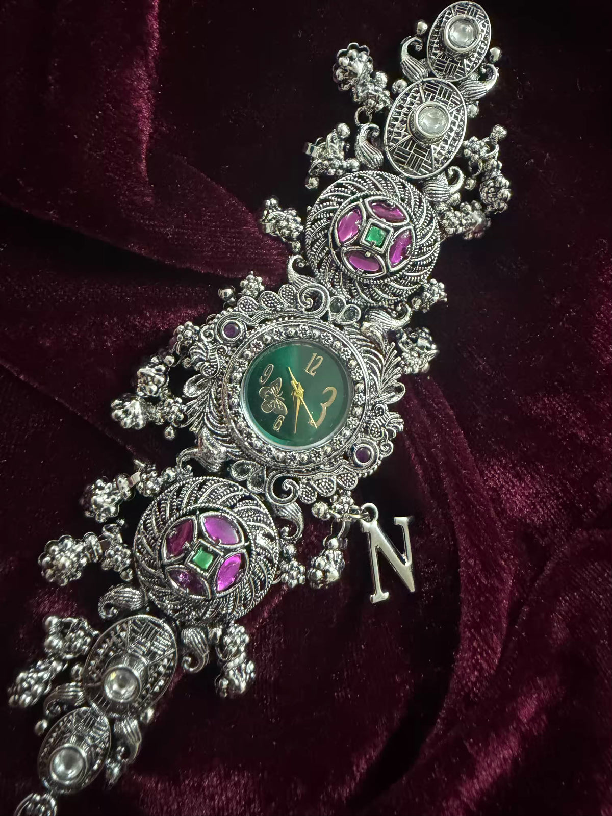 Garnet Silver-Tone Navratri Oxidised Heritage Watch